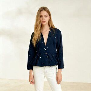 $577 NWOT Stine Goya Navy Blue Ruffle Pearl Blazer Jacket Size L